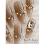 Nude Caramel Press‑On Nails, Luxury Long T‑Shape False Nails With Pearl‑Gold Bead Chain & Big Rhinestone